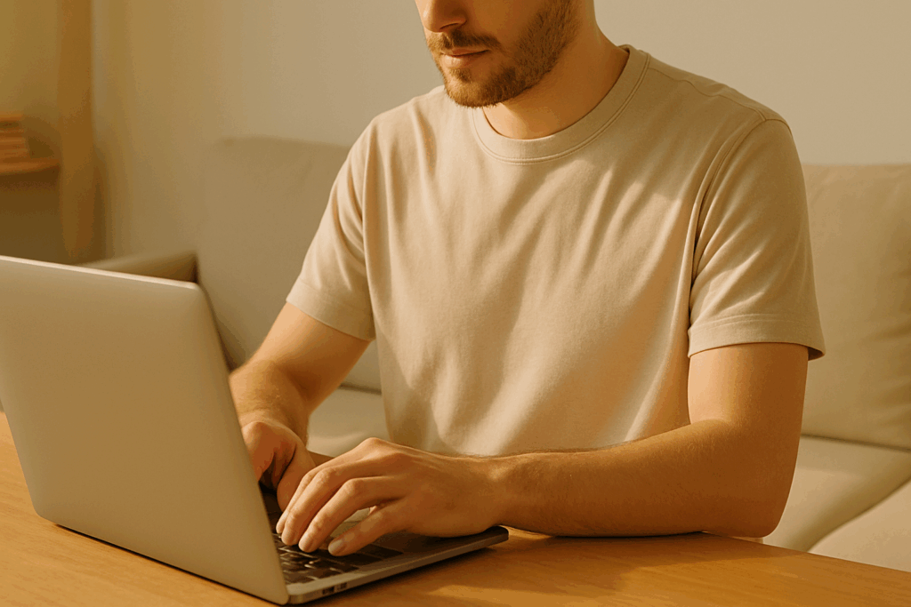 Person wearing Mojoy comfort tee working at laptop in bright home office