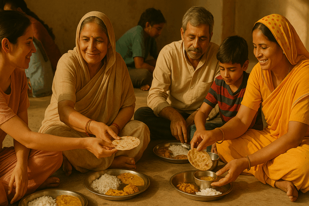 A hopeful, authentic photo representing community or nourishment. Ideally, a candid moment of volunteers serving a meal to children or elders in a bright, welcoming setting. Faces should show genuine warmth and dignity.